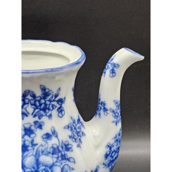 Flow Blue Ironstone Floral Teapot No Lid And Pair Of Teacups W/ Saucers Vintage - Picture 11 of 16